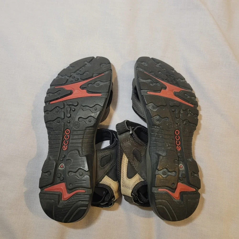 ECCO Offroad Yucatan Walking Sandals Tan Black Nubuck Leather EU 40 US 9-9.5 EUC